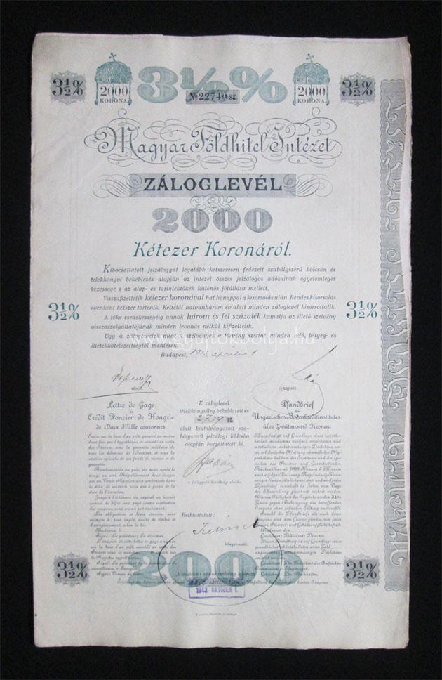 Magyar Földhitel Intézet 3,5% záloglevél 2000 korona 1903